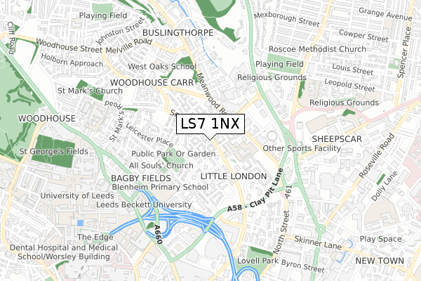 LS7 1NX map - small scale - OS Open Zoomstack (Ordnance Survey)