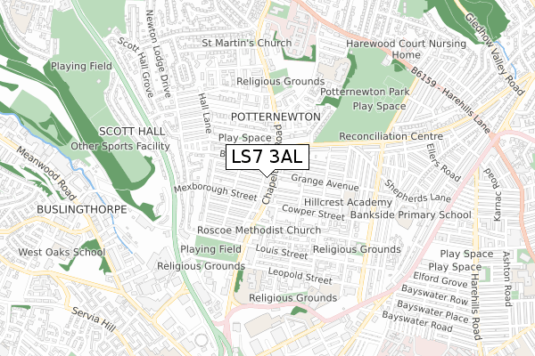 LS7 3AL map - small scale - OS Open Zoomstack (Ordnance Survey)