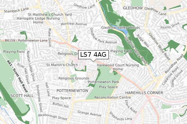 LS7 4AG map - small scale - OS Open Zoomstack (Ordnance Survey)