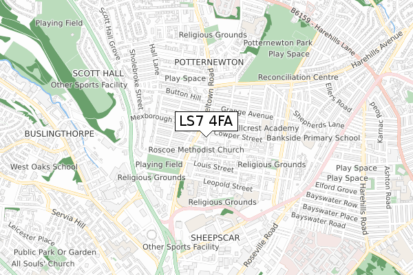 LS7 4FA map - small scale - OS Open Zoomstack (Ordnance Survey) LS7 4FA map - small scale - OS Open Zoomstack (Ordnance Survey)