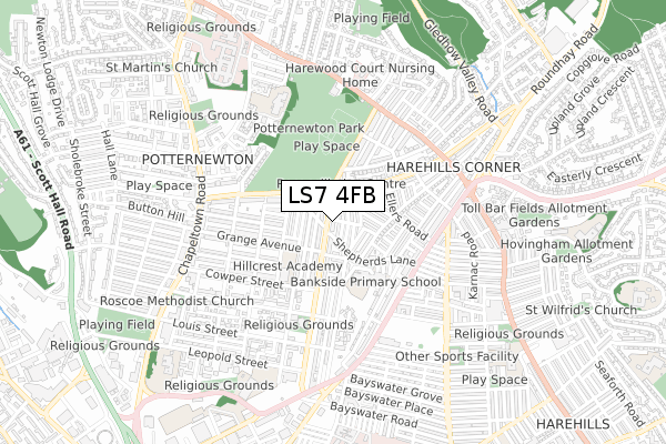 LS7 4FB map - small scale - OS Open Zoomstack (Ordnance Survey) LS7 4FB map - small scale - OS Open Zoomstack (Ordnance Survey)