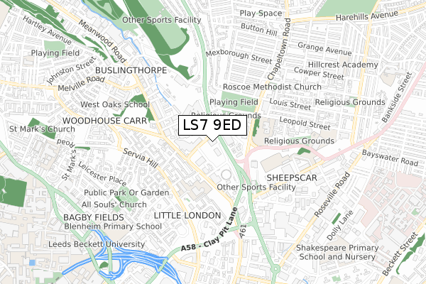 LS7 9ED map - small scale - OS Open Zoomstack (Ordnance Survey)