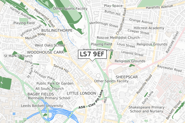 LS7 9EF map - small scale - OS Open Zoomstack (Ordnance Survey)