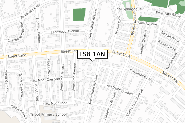 LS8 1AN map - large scale - OS Open Zoomstack (Ordnance Survey)