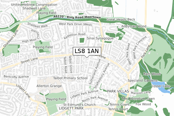 LS8 1AN map - small scale - OS Open Zoomstack (Ordnance Survey)
