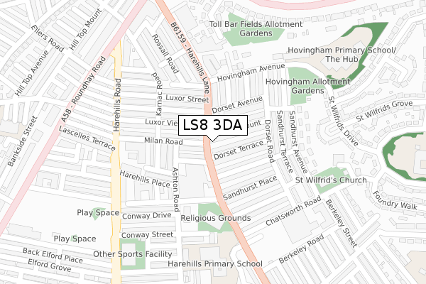 LS8 3DA map - large scale - OS Open Zoomstack (Ordnance Survey)