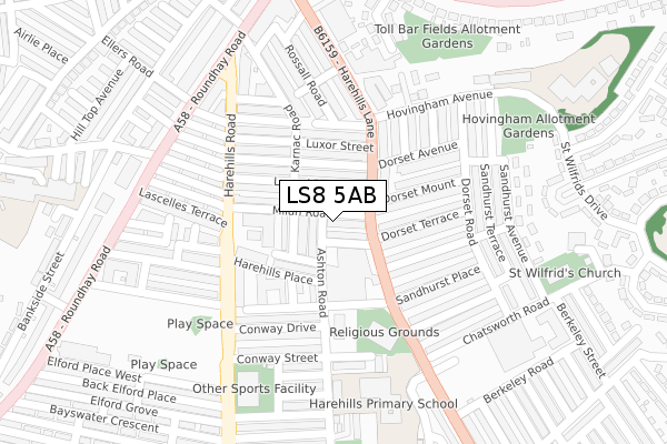 LS8 5AB map - large scale - OS Open Zoomstack (Ordnance Survey)