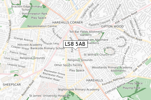 LS8 5AB map - small scale - OS Open Zoomstack (Ordnance Survey)