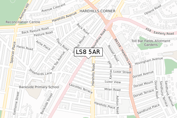 LS8 5AR map - large scale - OS Open Zoomstack (Ordnance Survey)
