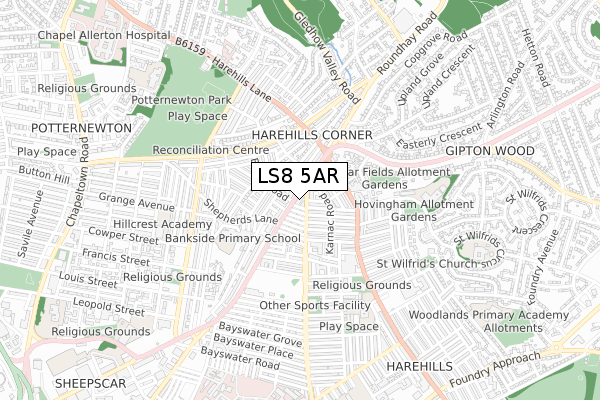 LS8 5AR map - small scale - OS Open Zoomstack (Ordnance Survey)