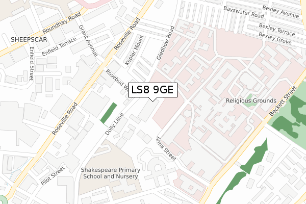 LS8 9GE map - large scale - OS Open Zoomstack (Ordnance Survey)