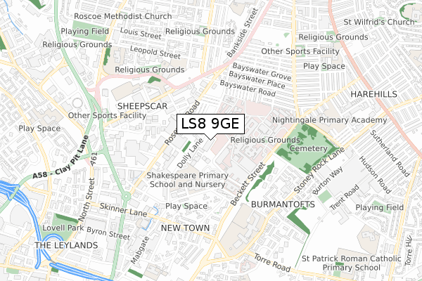 LS8 9GE map - small scale - OS Open Zoomstack (Ordnance Survey)