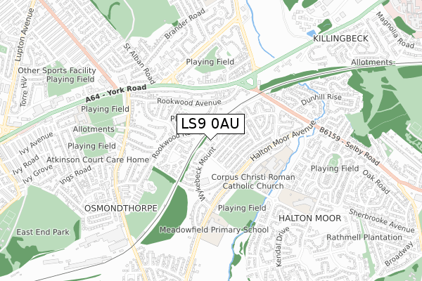 LS9 0AU map - small scale - OS Open Zoomstack (Ordnance Survey)