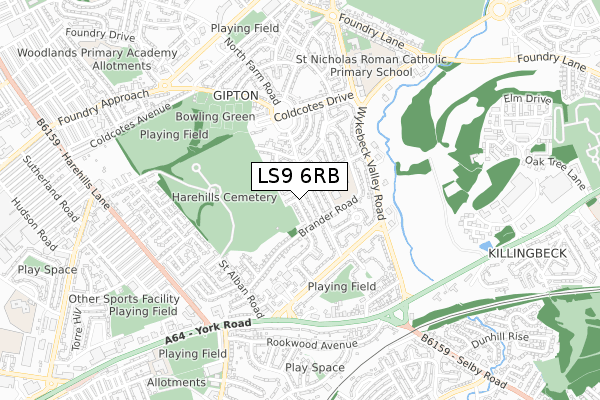 LS9 6RB map - small scale - OS Open Zoomstack (Ordnance Survey)