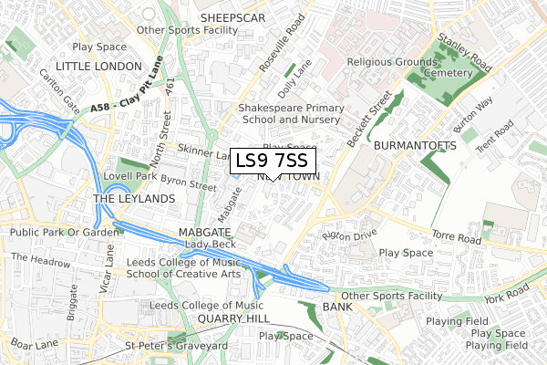 LS9 7SS map - small scale - OS Open Zoomstack (Ordnance Survey)