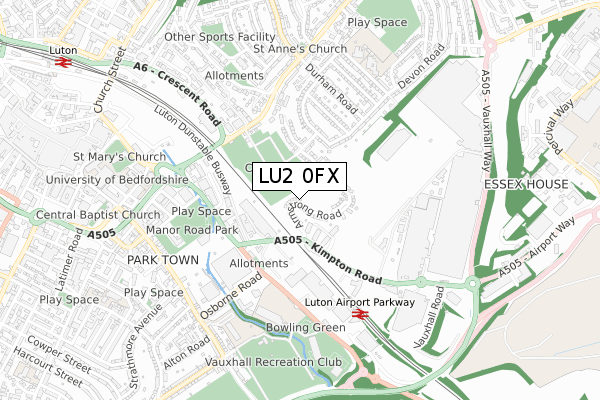 LU2 0FX map - small scale - OS Open Zoomstack (Ordnance Survey)