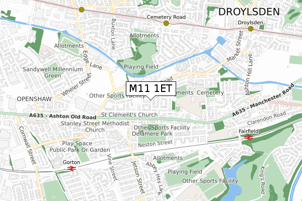 M11 1ET map - small scale - OS Open Zoomstack (Ordnance Survey)