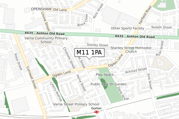 M11 1PA map - large scale - OS Open Zoomstack (Ordnance Survey)