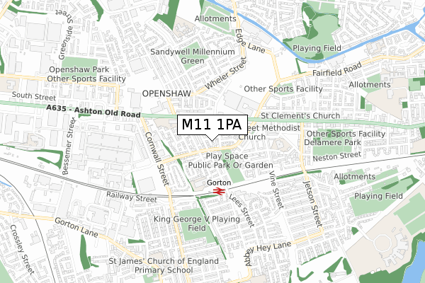 M11 1PA map - small scale - OS Open Zoomstack (Ordnance Survey)