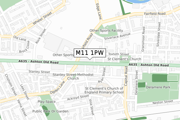 M11 1PW map - large scale - OS Open Zoomstack (Ordnance Survey)