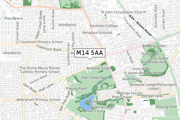 M14 5AA map - small scale - OS Open Zoomstack (Ordnance Survey)