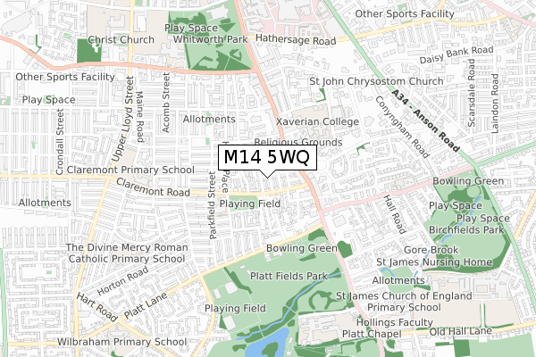 M14 5WQ map - small scale - OS Open Zoomstack (Ordnance Survey)