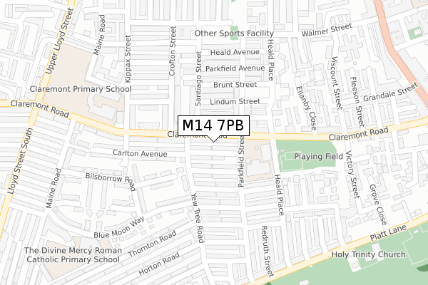 M14 7PB map - large scale - OS Open Zoomstack (Ordnance Survey)