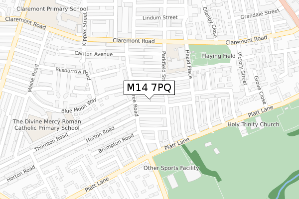 M14 7PQ map - large scale - OS Open Zoomstack (Ordnance Survey)