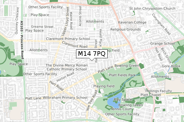 M14 7PQ map - small scale - OS Open Zoomstack (Ordnance Survey)