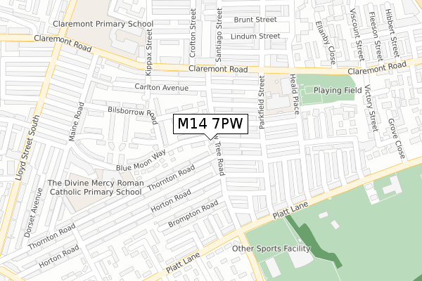 M14 7PW map - large scale - OS Open Zoomstack (Ordnance Survey)