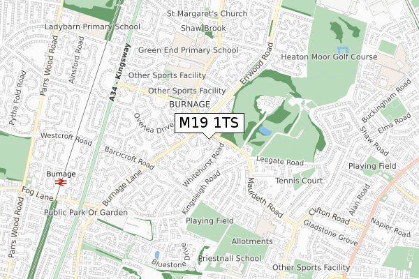 M19 1TS map - small scale - OS Open Zoomstack (Ordnance Survey)