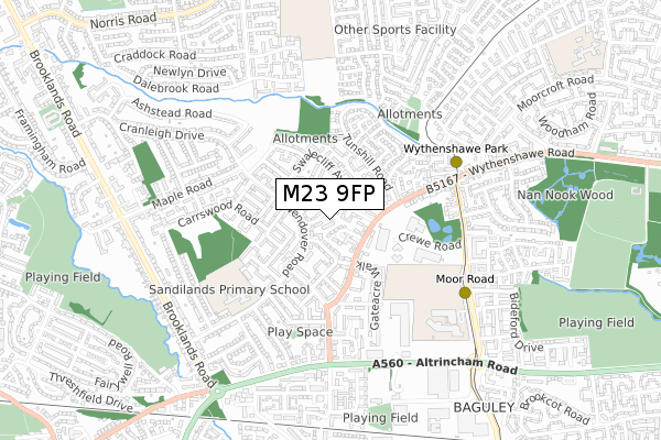 M23 9FP map - small scale - OS Open Zoomstack (Ordnance Survey)