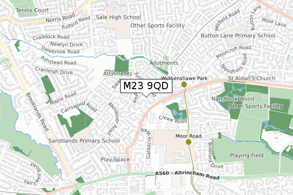 M23 9QD map - small scale - OS Open Zoomstack (Ordnance Survey)