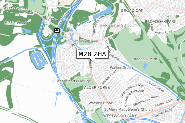 M28 2HA map - small scale - OS Open Zoomstack (Ordnance Survey)