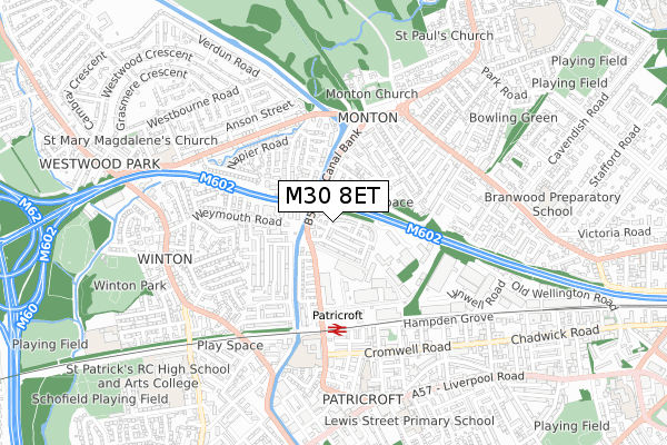 M30 8ET map - small scale - OS Open Zoomstack (Ordnance Survey) M30 8ET map - small scale - OS Open Zoomstack (Ordnance Survey)