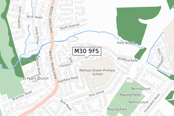 M30 9FS map - large scale - OS Open Zoomstack (Ordnance Survey)