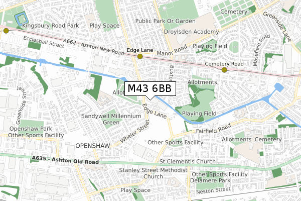 M43 6BB map - small scale - OS Open Zoomstack (Ordnance Survey)