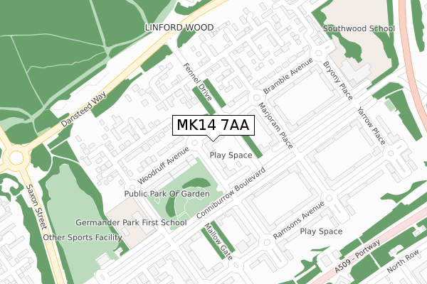 MK14 7AA map - large scale - OS Open Zoomstack (Ordnance Survey)