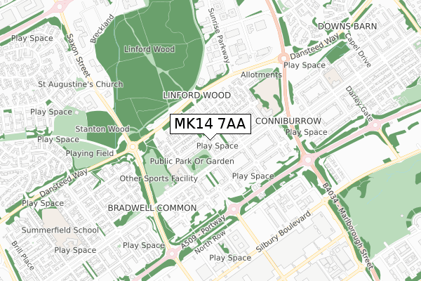 MK14 7AA map - small scale - OS Open Zoomstack (Ordnance Survey)