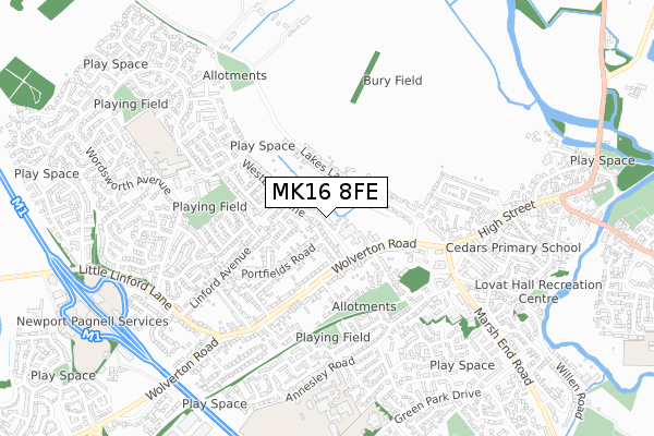 MK16 8FE map - small scale - OS Open Zoomstack (Ordnance Survey)