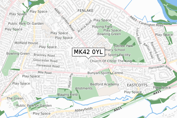 MK42 0YL map - small scale - OS Open Zoomstack (Ordnance Survey)