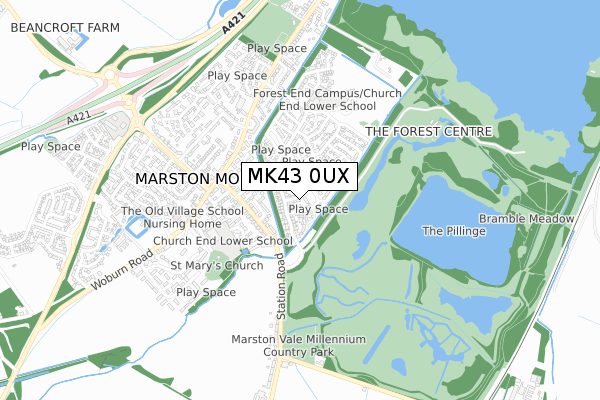 MK43 0UX map - small scale - OS Open Zoomstack (Ordnance Survey)