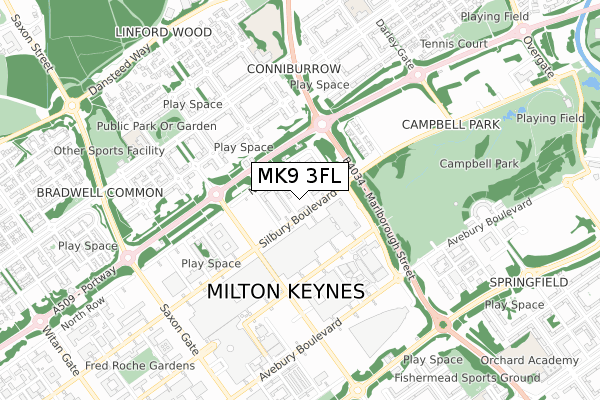 MK9 3FL map - small scale - OS Open Zoomstack (Ordnance Survey)