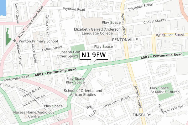 N1 9FW map - large scale - OS Open Zoomstack (Ordnance Survey)