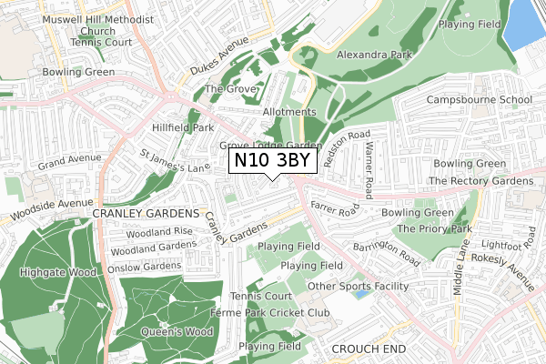 N10 3BY map - small scale - OS Open Zoomstack (Ordnance Survey)