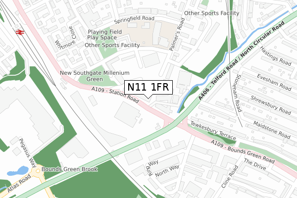 N11 1FR map - large scale - OS Open Zoomstack (Ordnance Survey)