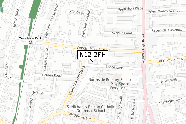 N12 2FH map - large scale - OS Open Zoomstack (Ordnance Survey)