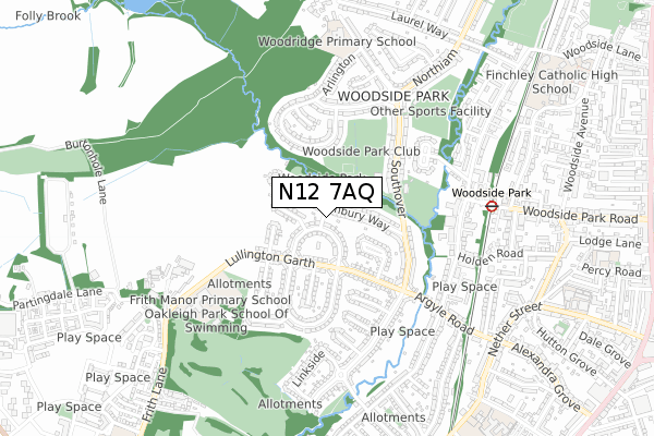 N12 7AQ map - small scale - OS Open Zoomstack (Ordnance Survey)