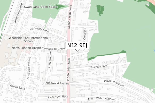N12 9EJ map - large scale - OS Open Zoomstack (Ordnance Survey)