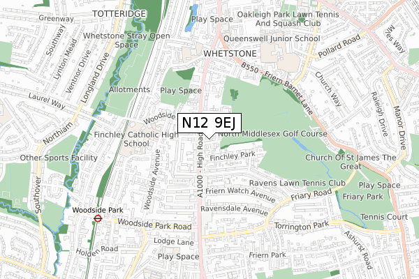 N12 9EJ map - small scale - OS Open Zoomstack (Ordnance Survey)